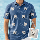 Man wearing Men's Canine Crunch Custom Dog Face Polo Shirt — custom faces printed all-over