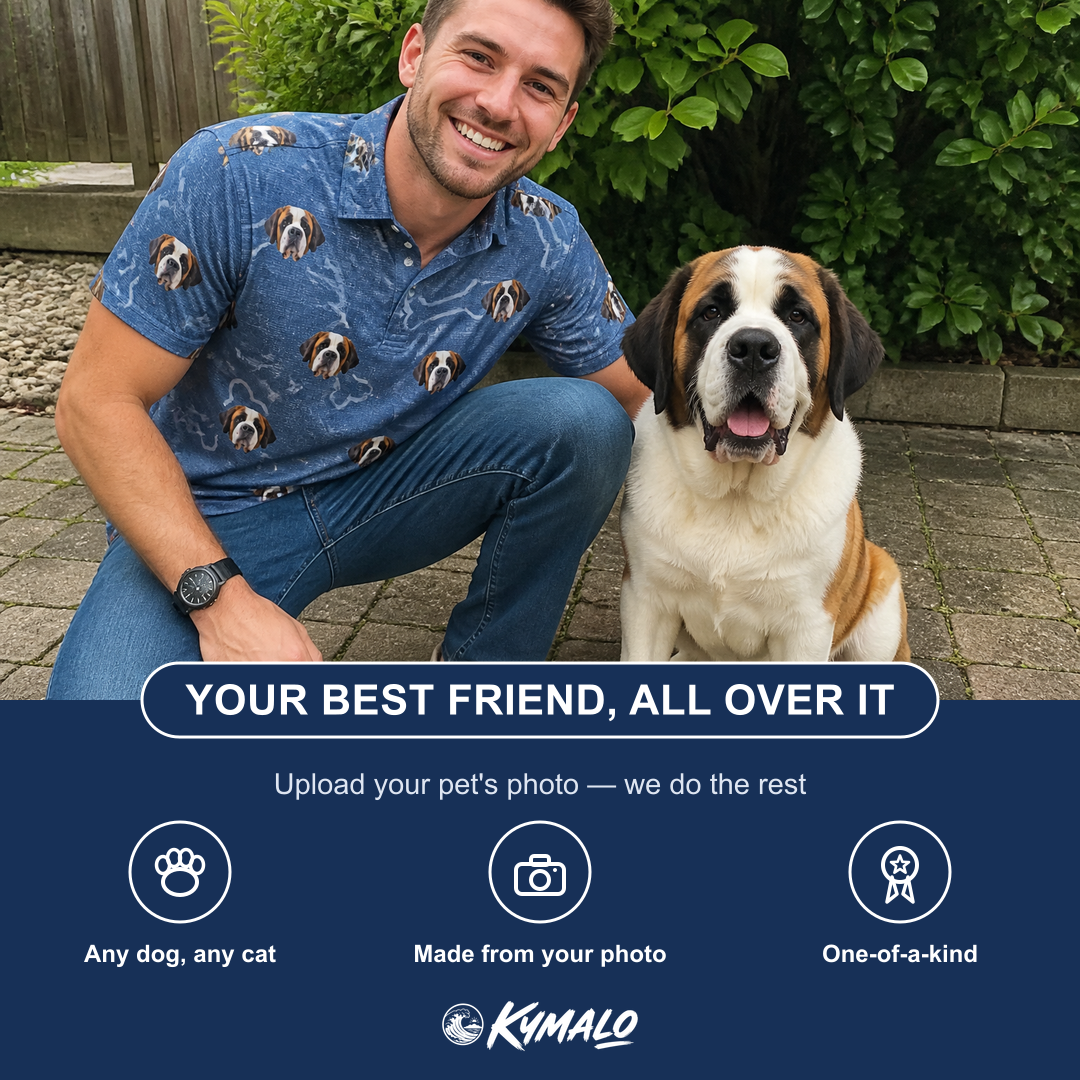 Friends in matching Men's Canine Crunch Custom Dog Face Polo Shirt — a group gift photo