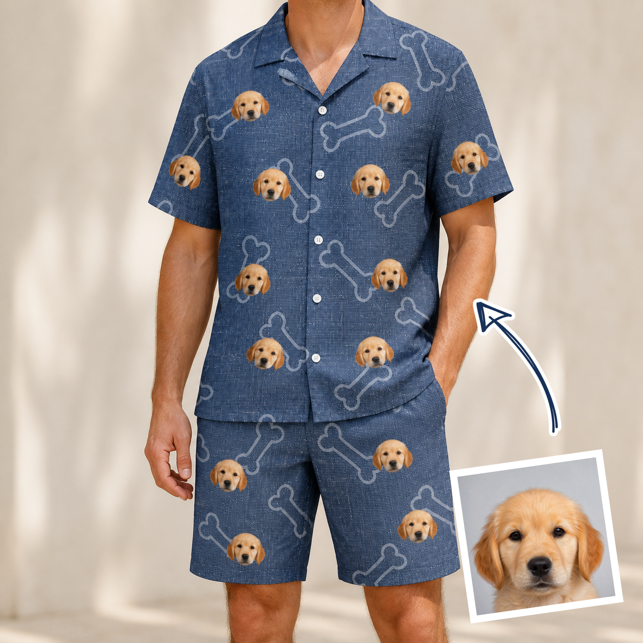 Man wearing Men's Canine Crunch Custom Dog Face Shirt & Shorts Set — custom faces printed all-over