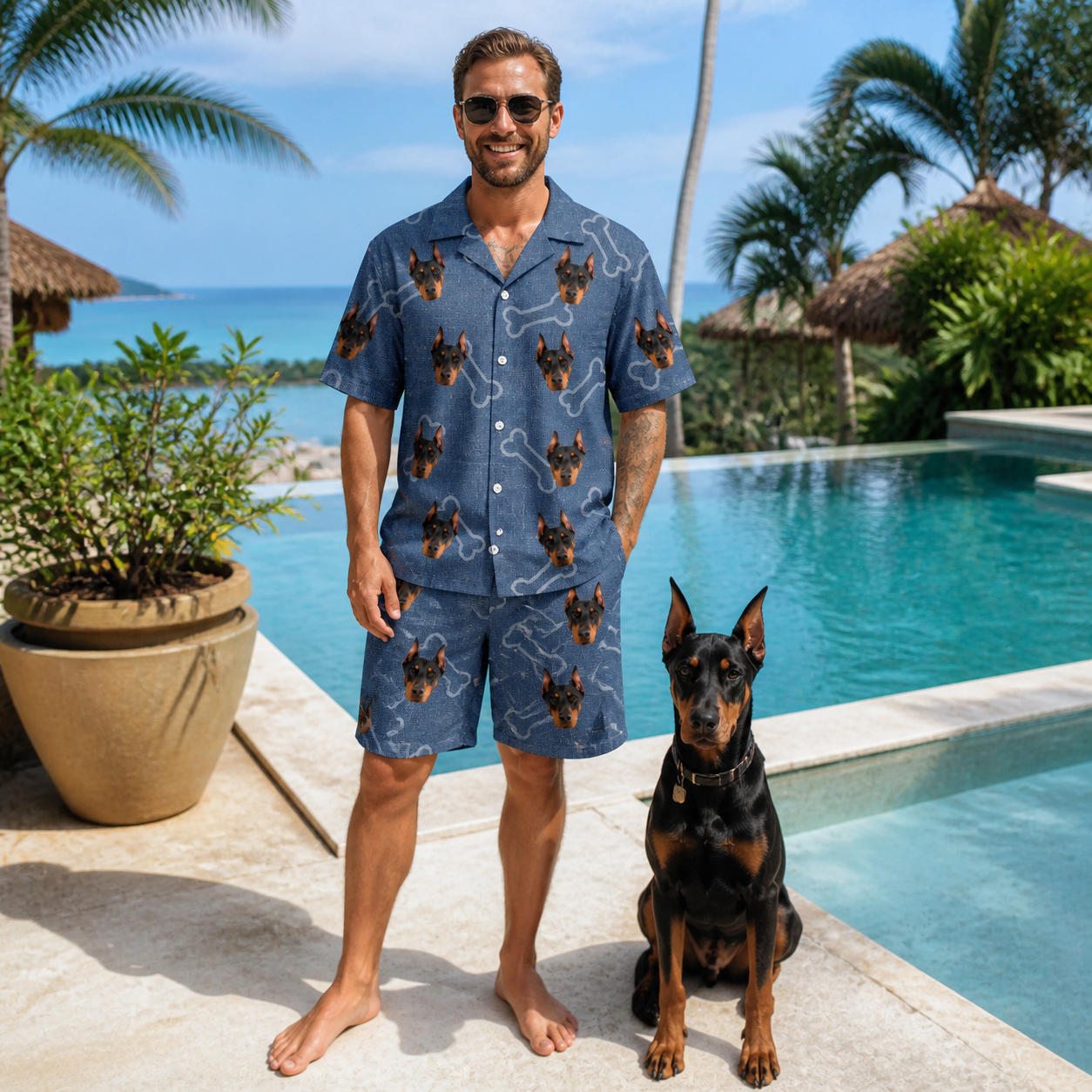 Full-length photo with the pet printed all over this Men's Canine Crunch Custom Dog Face Shirt & Shorts Set