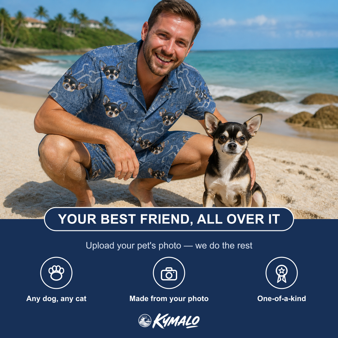 Friends in matching Men's Canine Crunch Custom Dog Face Shirt & Shorts Set — a group gift photo