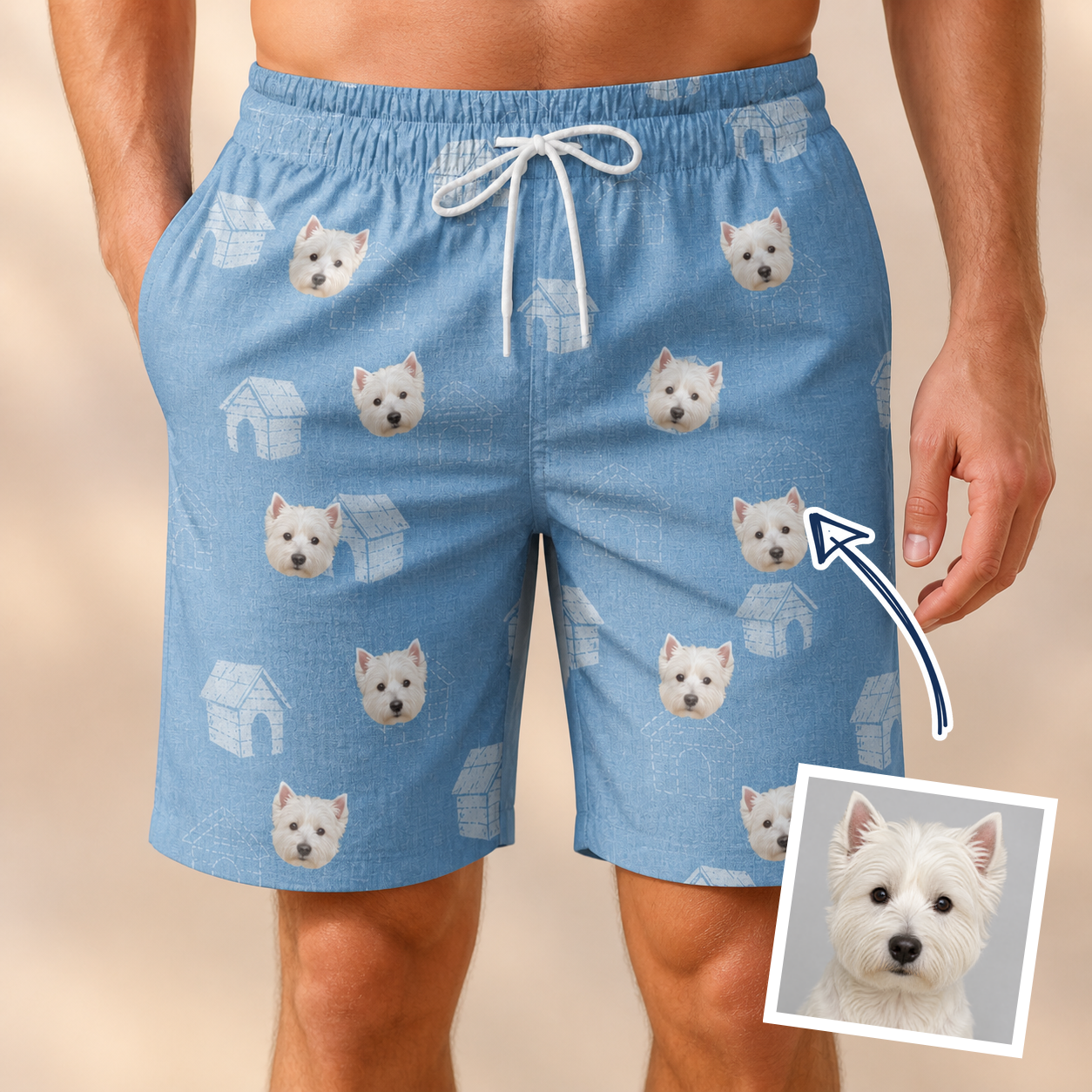 Man wearing Men's Pooch Porches Custom Dog Face Beach Shorts — custom faces printed all-over