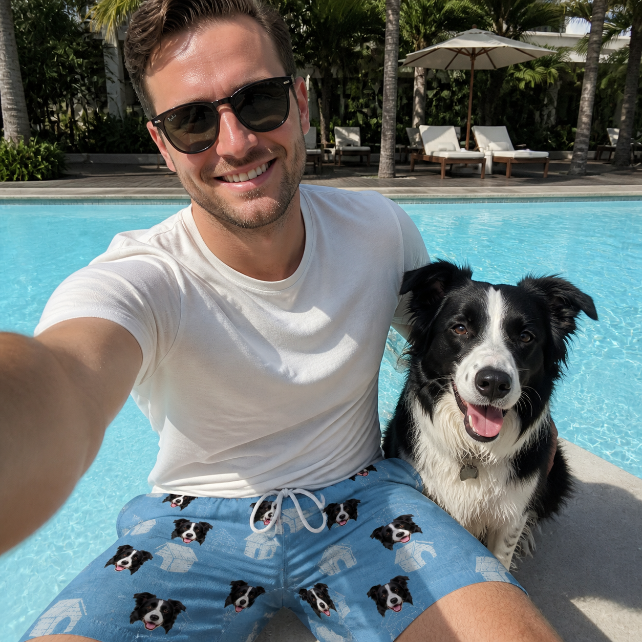 Selfie with the pet whose face is printed all over this Men's Pooch Porches Custom Dog Face Beach Shorts