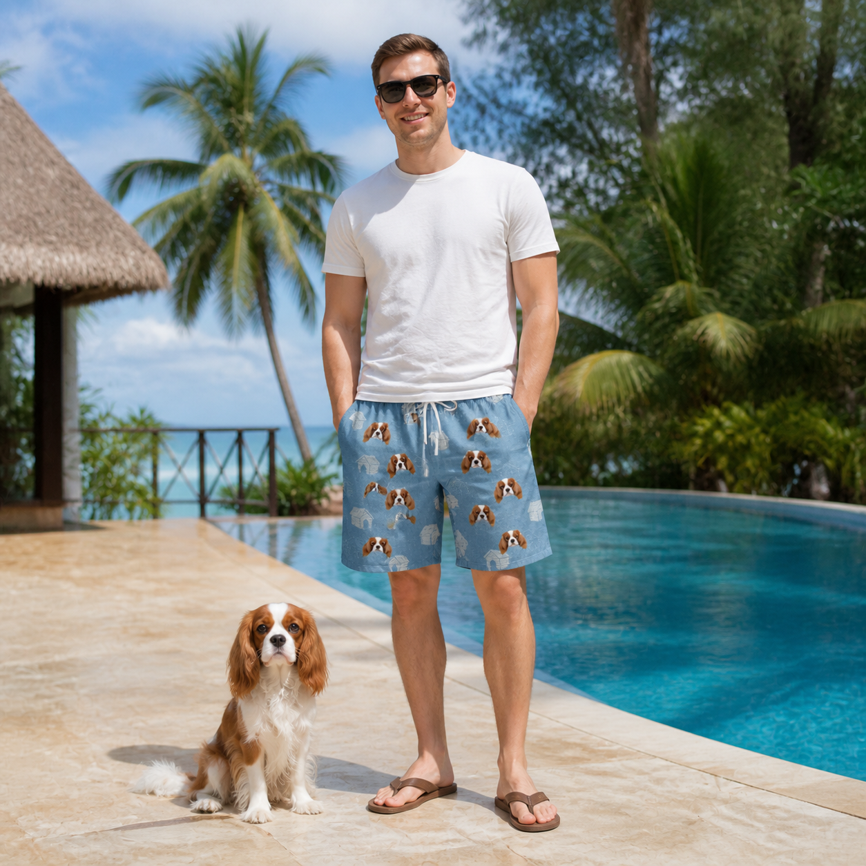 Full-length photo with the pet printed all over this Men's Pooch Porches Custom Dog Face Beach Shorts