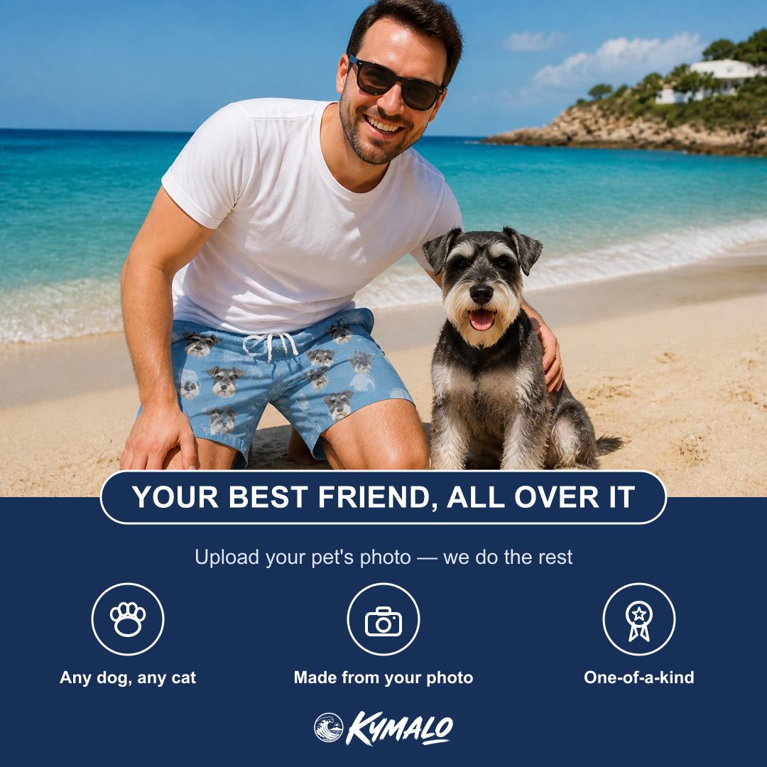 Friends in matching Men's Pooch Porches Custom Dog Face Beach Shorts — a group gift photo