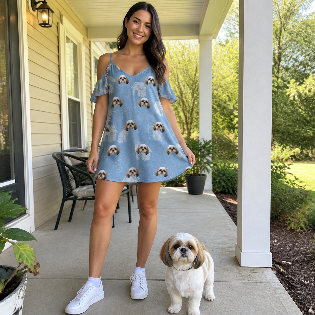 Full-length photo with the pet printed all over this Women's Pooch Porches Custom Dog Face Off-Shoulder Dress
