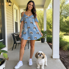 Full-length photo with the pet printed all over this Women's Pooch Porches Custom Dog Face Off-Shoulder Dress