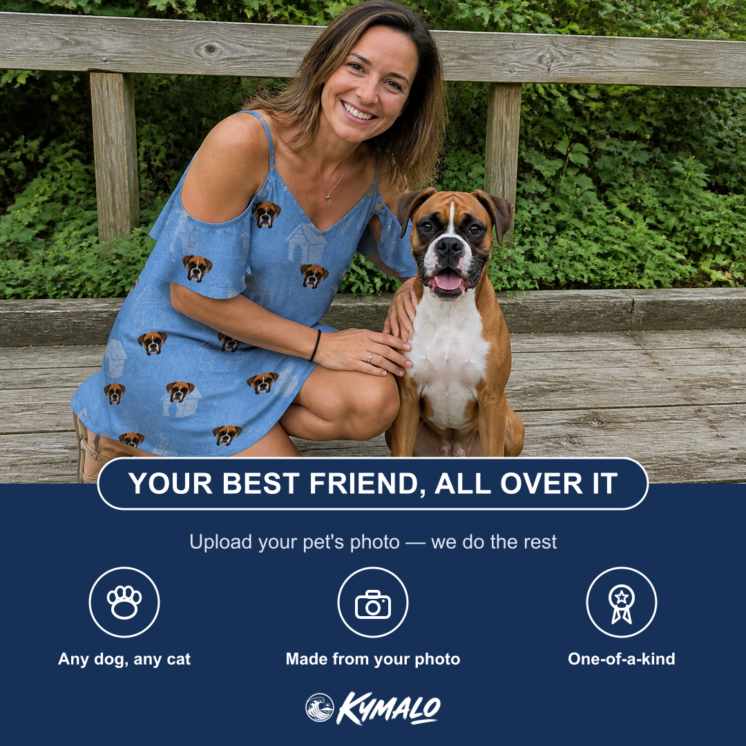 Friends in matching Women's Pooch Porches Custom Dog Face Off-Shoulder Dress — a group gift photo