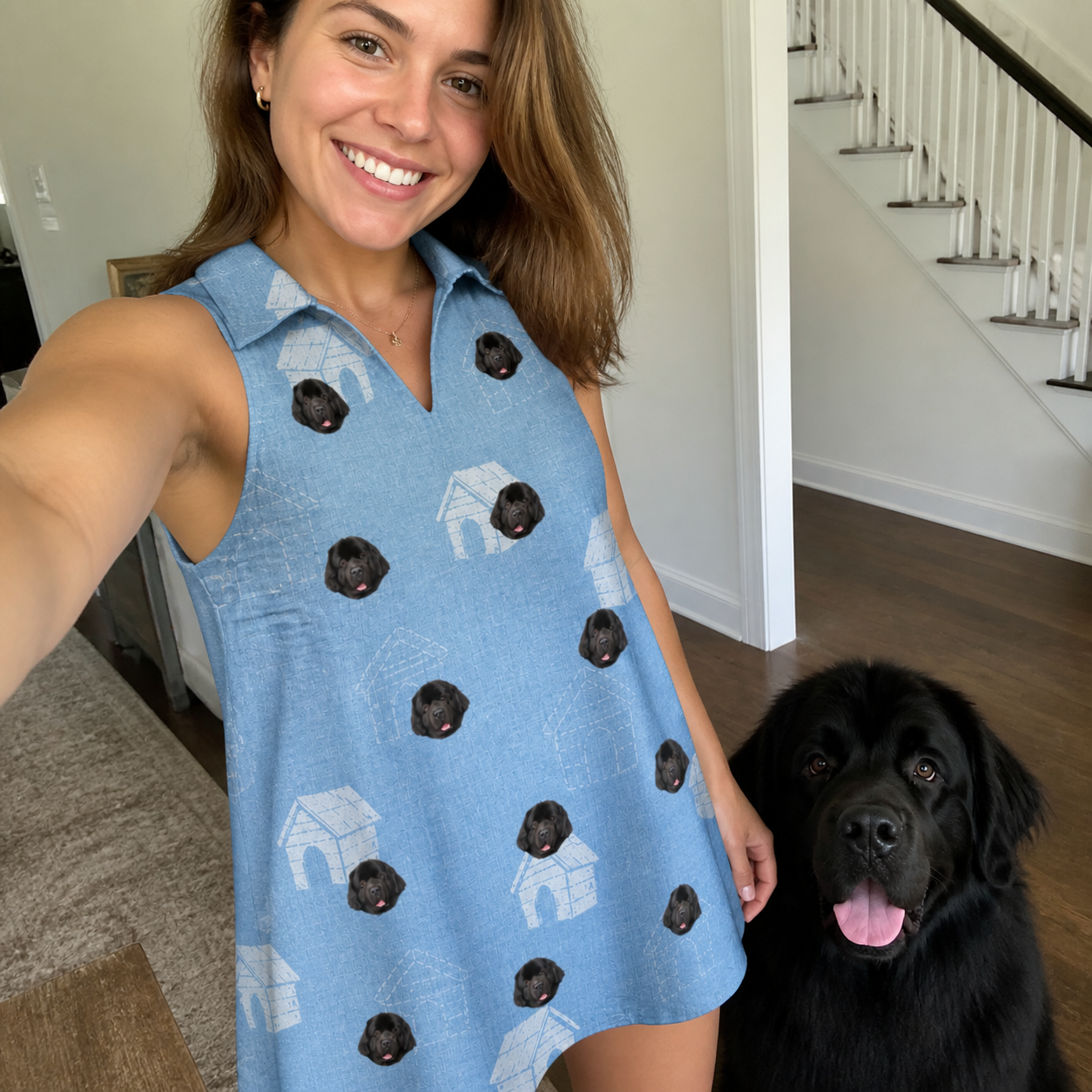 Selfie with the pet whose face is printed all over this Women's Pooch Porches Custom Dog Face V-Neck Dress