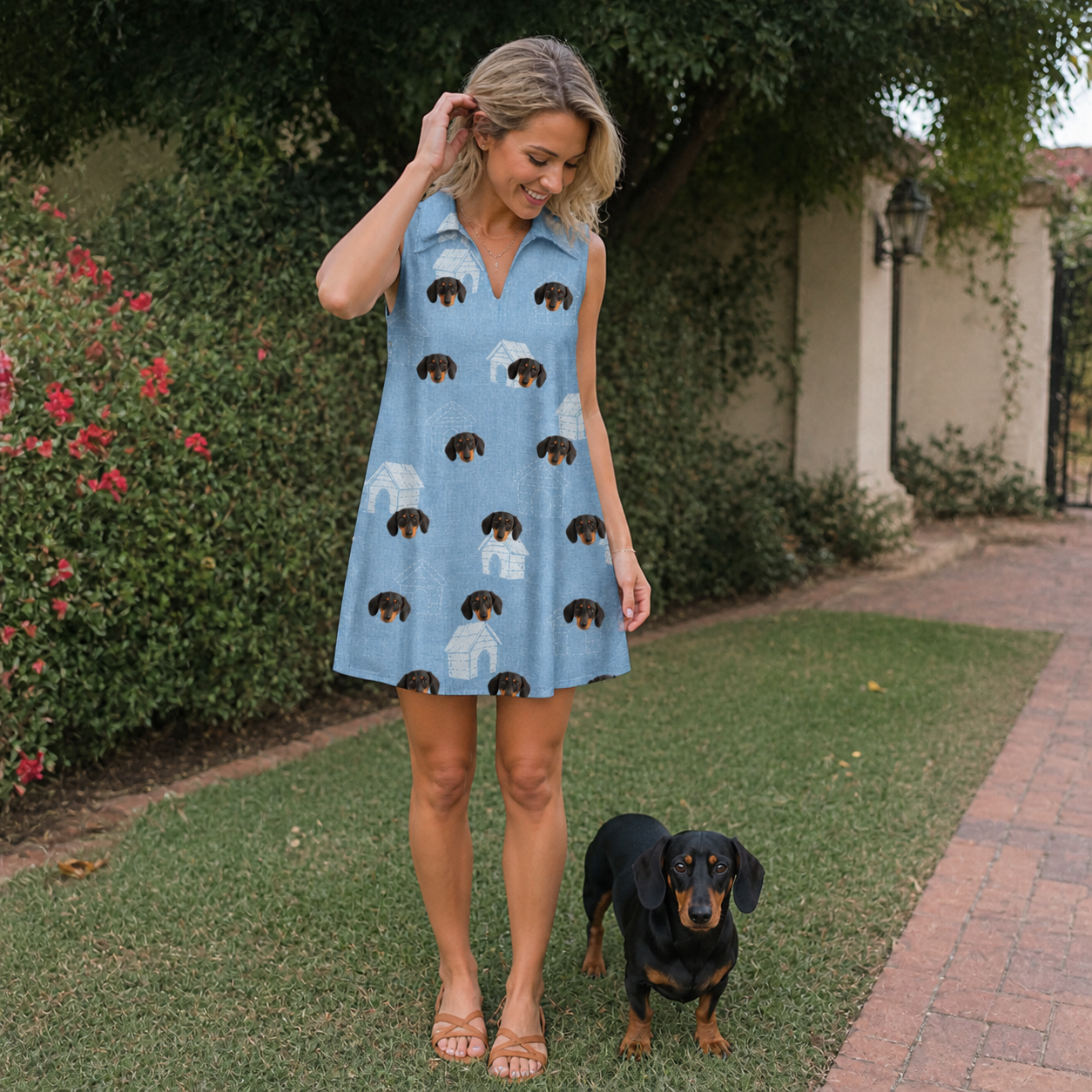 Full-length photo with the pet printed all over this Women's Pooch Porches Custom Dog Face V-Neck Dress