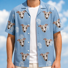 Man wearing Men's Pooch Porches Custom Dog Face Hawaiian Shirt open over a white tee