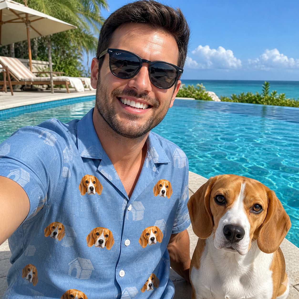 Selfie with the pet whose face is printed all over this Men's Pooch Porches Custom Dog Face Hawaiian Shirt