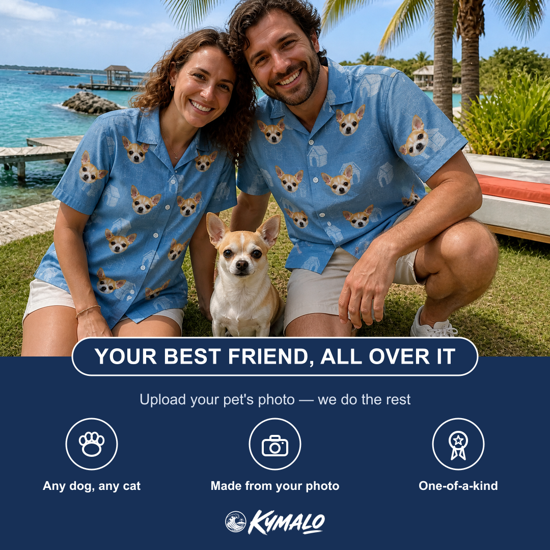Friends in matching Men's Pooch Porches Custom Dog Face Hawaiian Shirt — a group gift photo