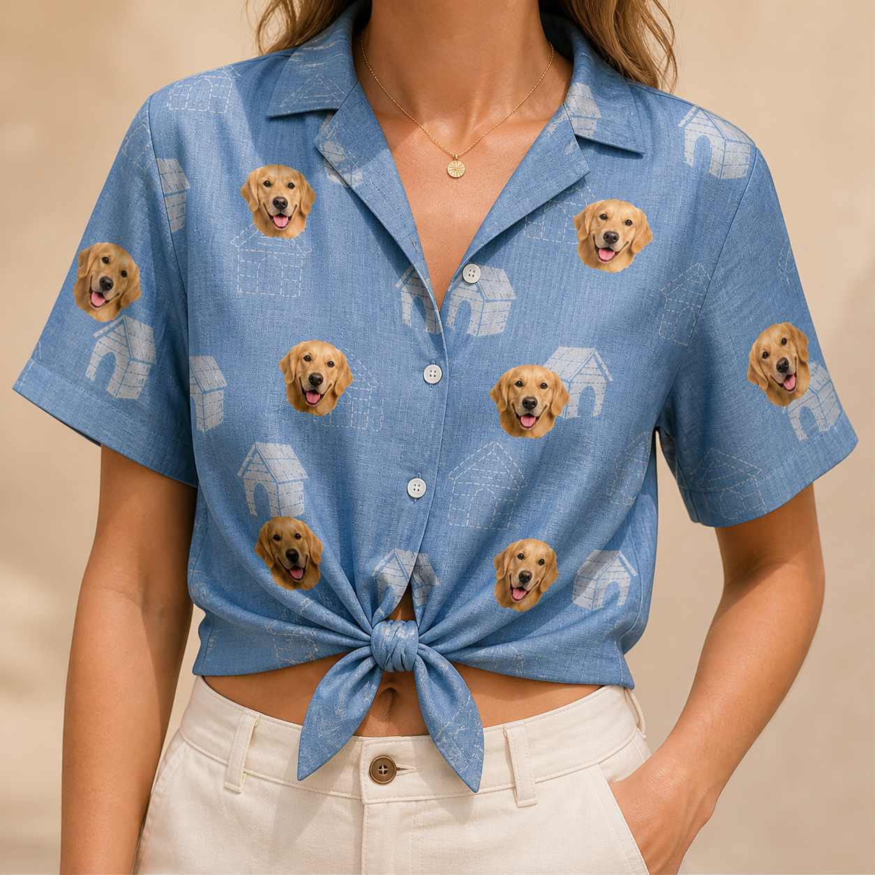 Woman wearing Women's Pooch Porches Custom Dog Face Hawaiian Shirt tied at the waist