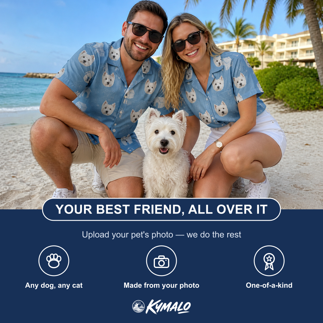 Friends in matching Women's Pooch Porches Custom Dog Face Hawaiian Shirt — a group gift photo
