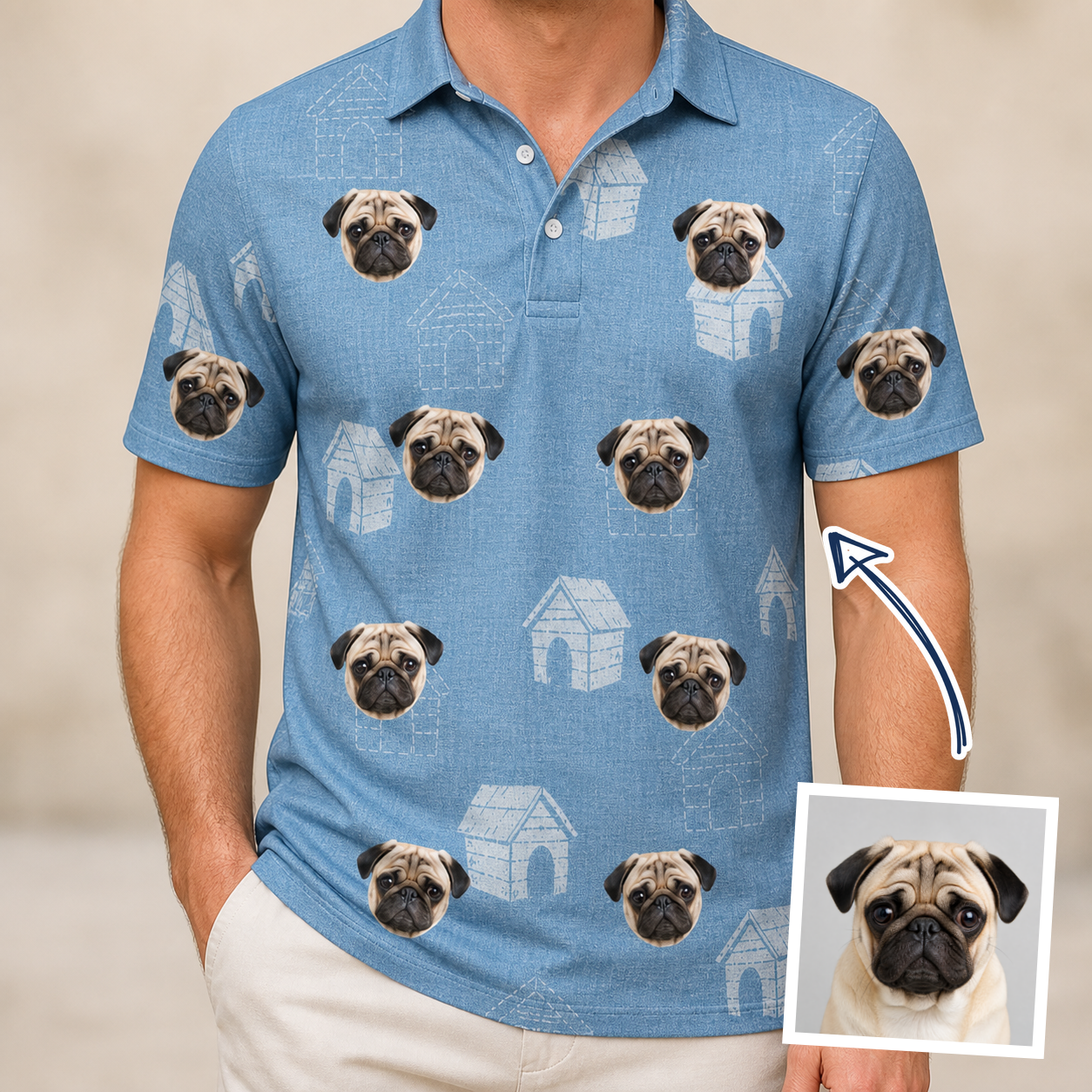 Man wearing Men's Pooch Porches Custom Dog Face Polo Shirt — custom faces printed all-over