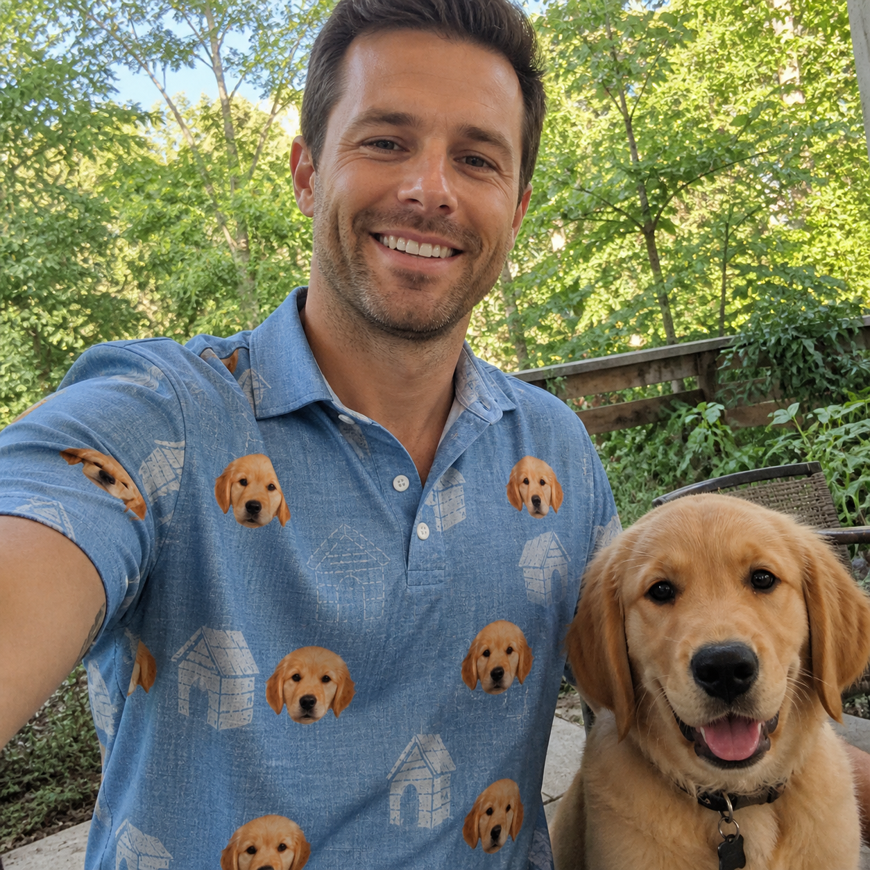 Selfie with the pet whose face is printed all over this Men's Pooch Porches Custom Dog Face Polo Shirt