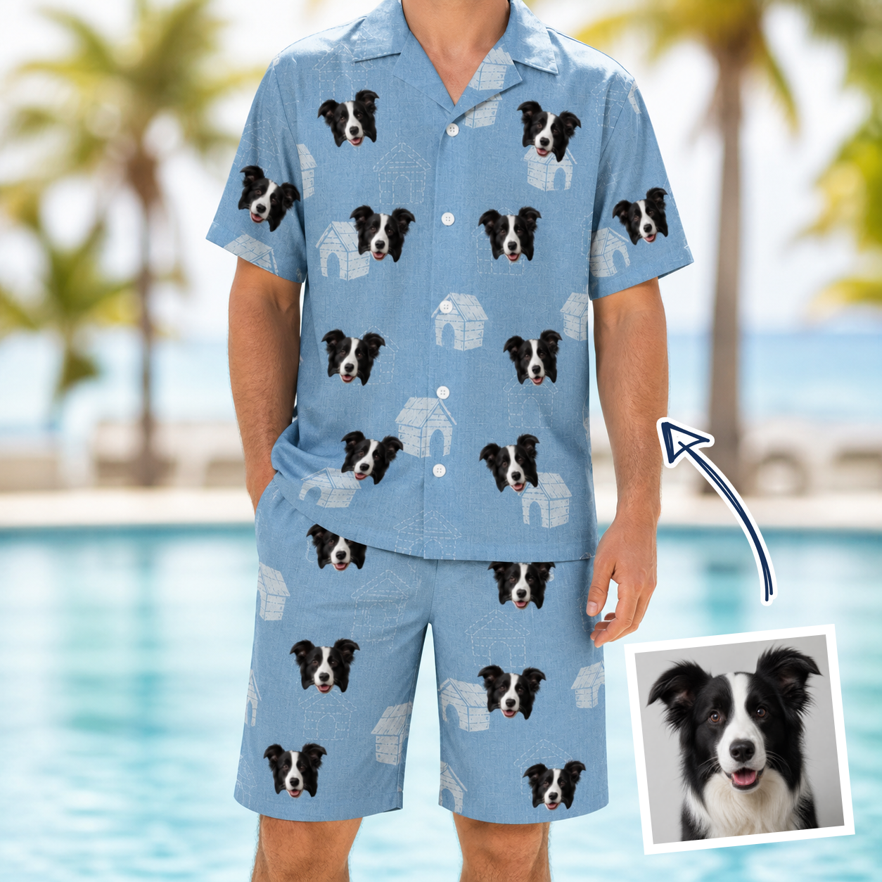 Man wearing Men's Pooch Porches Custom Dog Face Shirt & Shorts Set — custom faces printed all-over