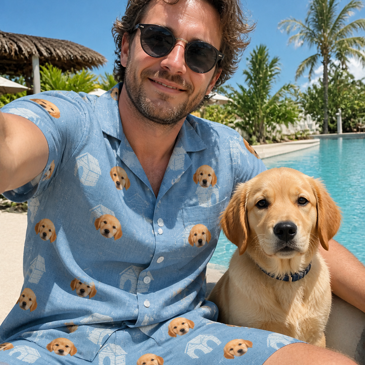 Selfie with the pet whose face is printed all over this Men's Pooch Porches Custom Dog Face Shirt & Shorts Set