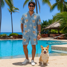 Full-length photo with the pet printed all over this Men's Pooch Porches Custom Dog Face Shirt & Shorts Set