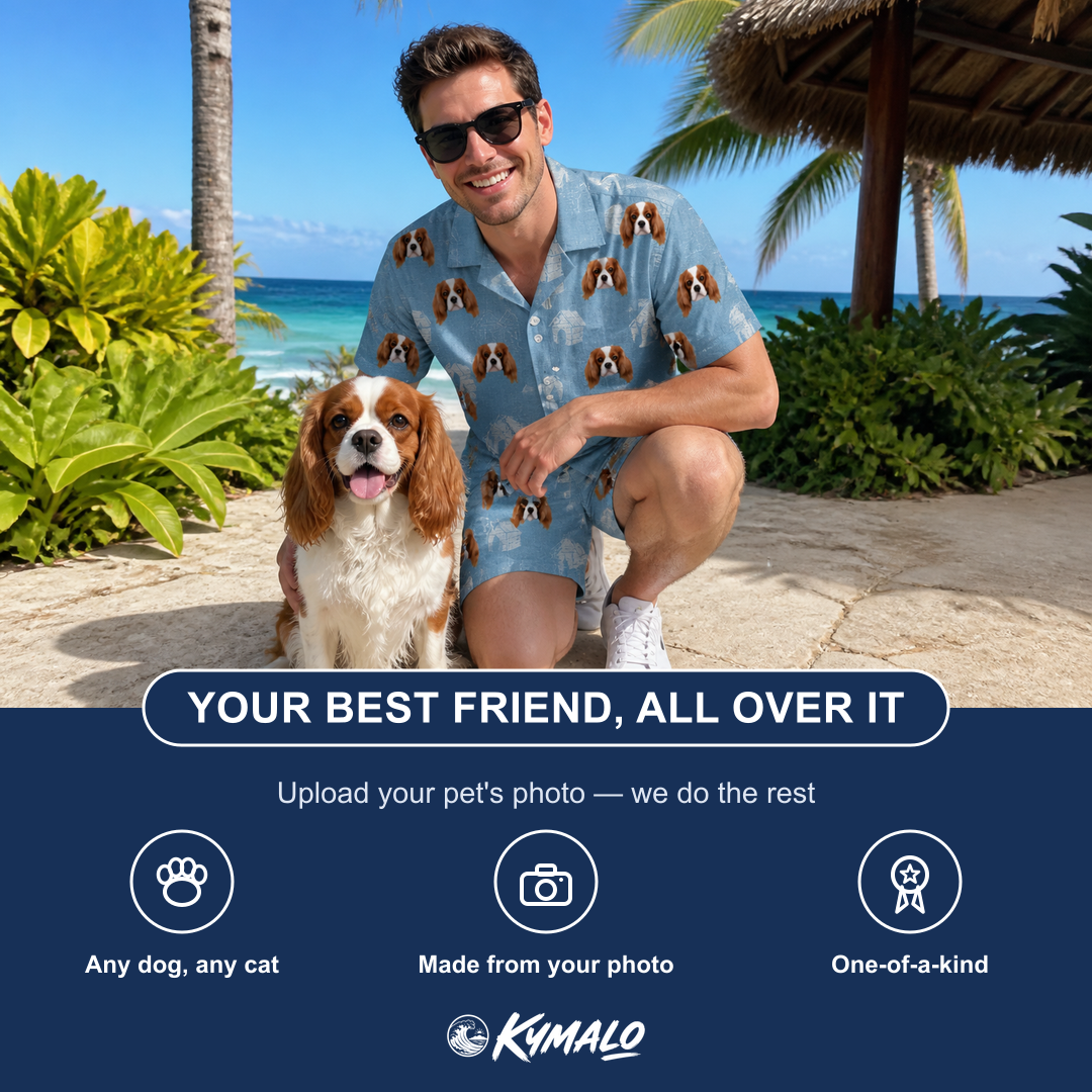 Friends in matching Men's Pooch Porches Custom Dog Face Shirt & Shorts Set — a group gift photo