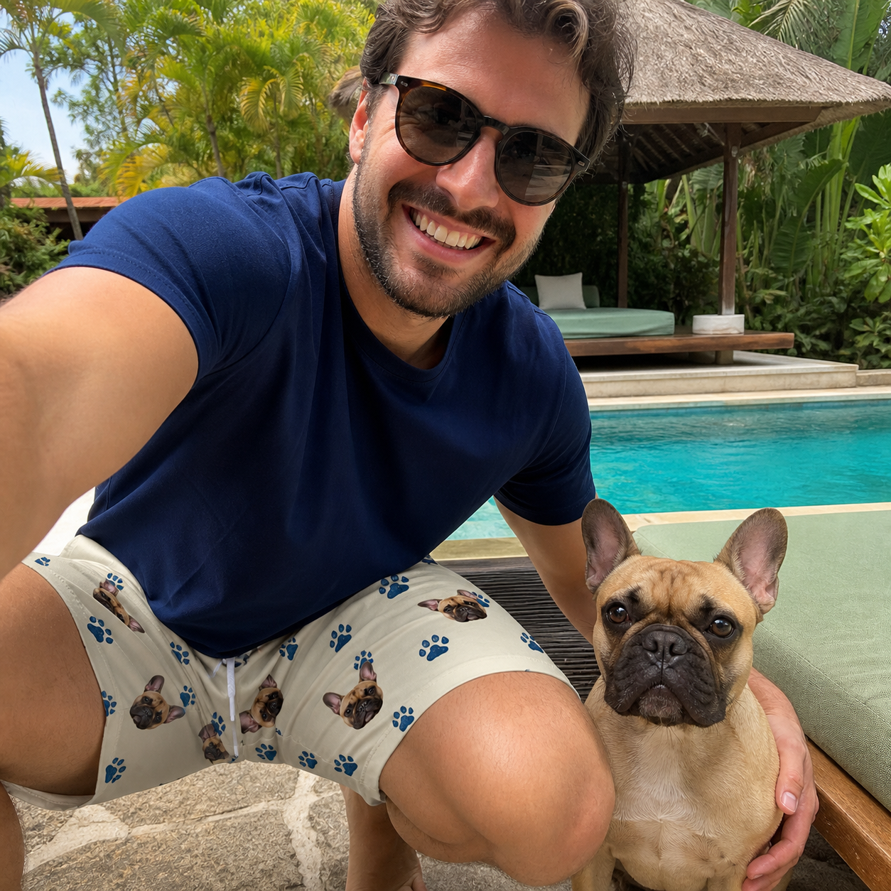Selfie with the pet whose face is printed all over this Men's Puppy Prints Custom Dog Face Beach Shorts