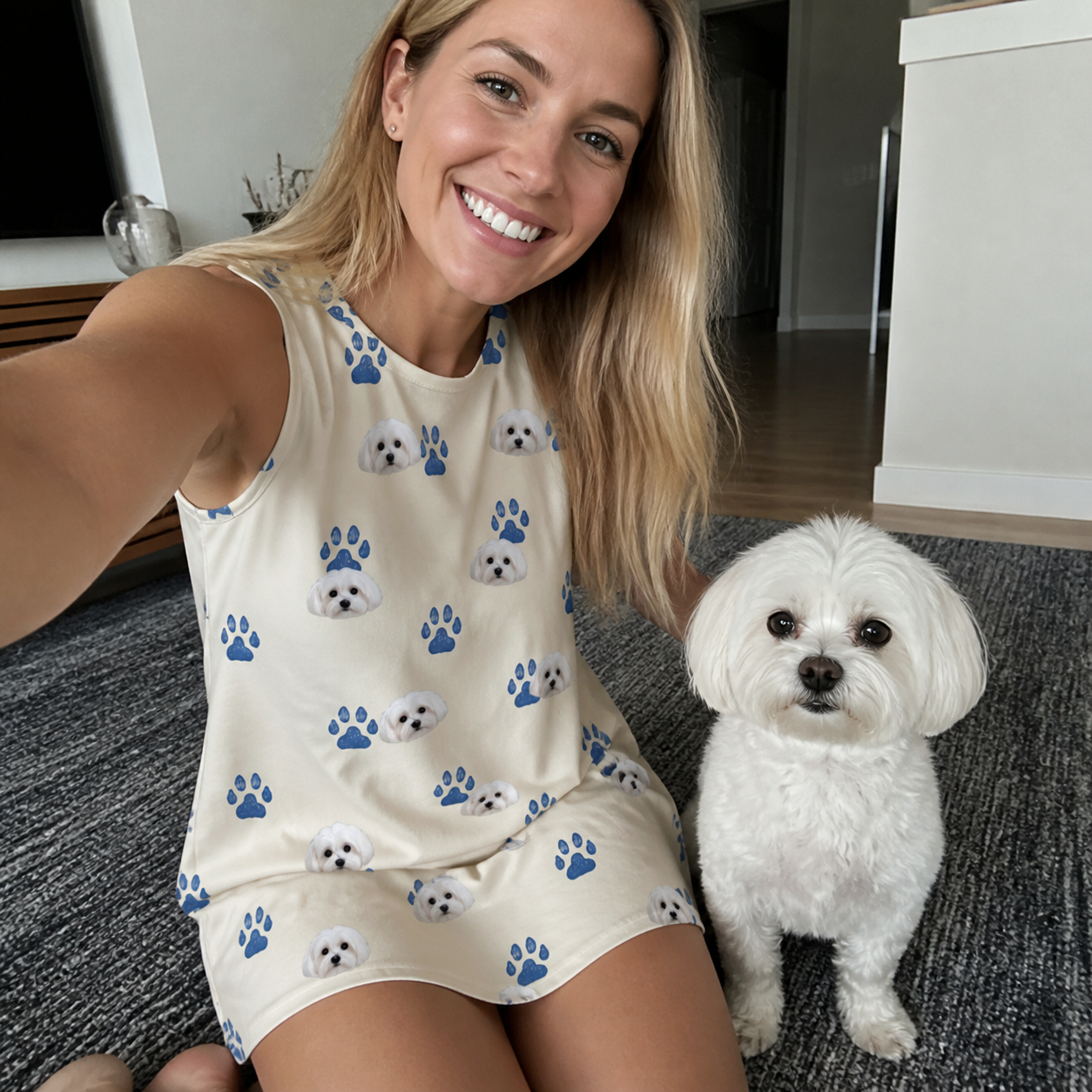 Selfie with the pet whose face is printed all over this Women's Puppy Prints Custom Dog Face Tank Dress