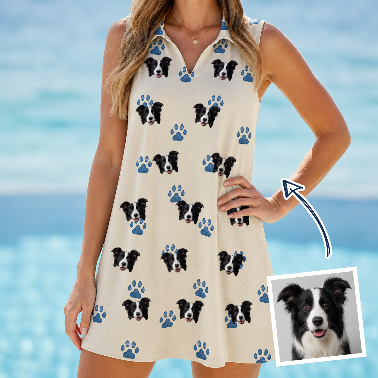 Woman wearing Women's Puppy Prints Custom Dog Face V-Neck Dress — custom faces printed all-over