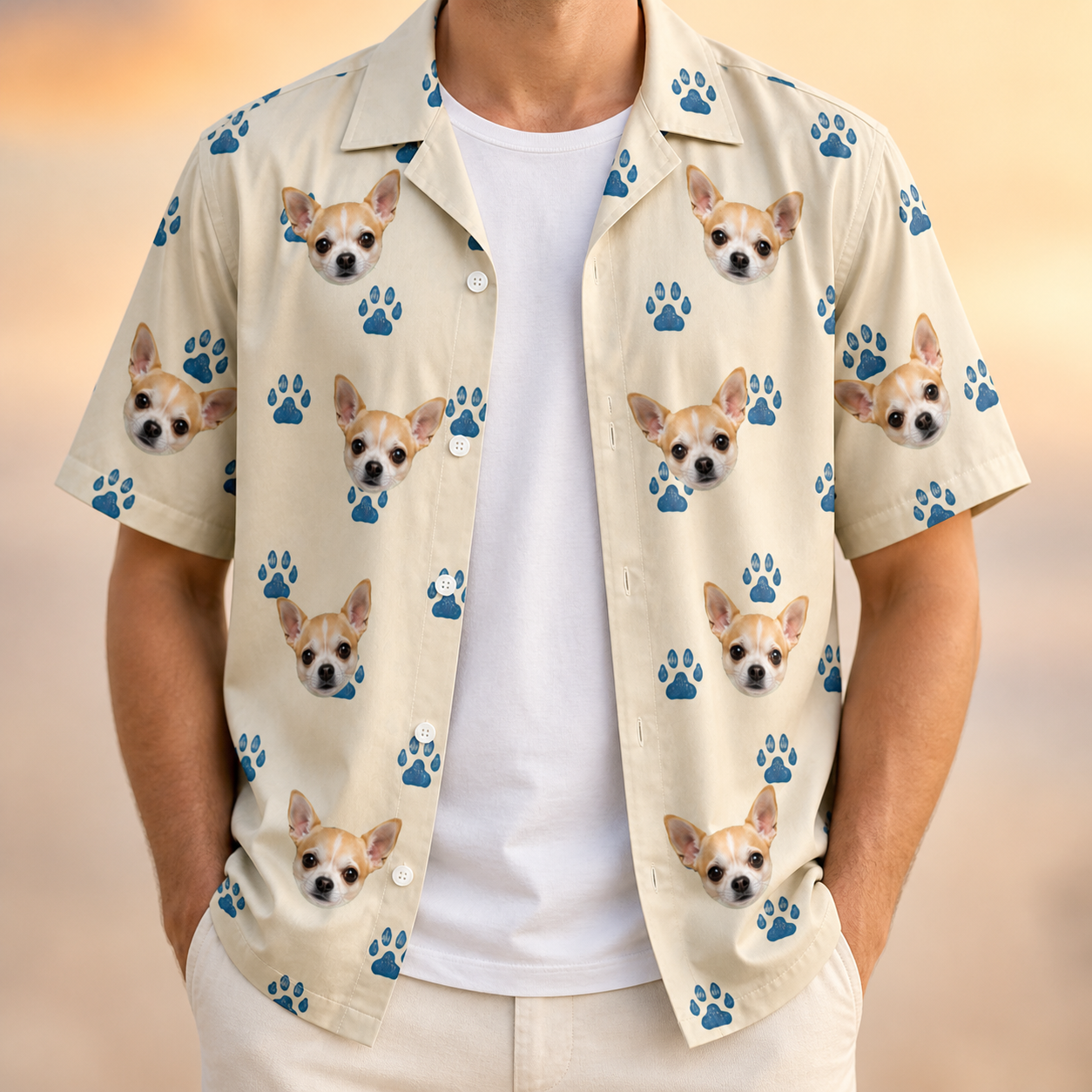 Man wearing Men's Puppy Prints Custom Dog Face Hawaiian Shirt open over a white tee