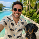 Selfie with the pet whose face is printed all over this Men's Puppy Prints Custom Dog Face Hawaiian Shirt