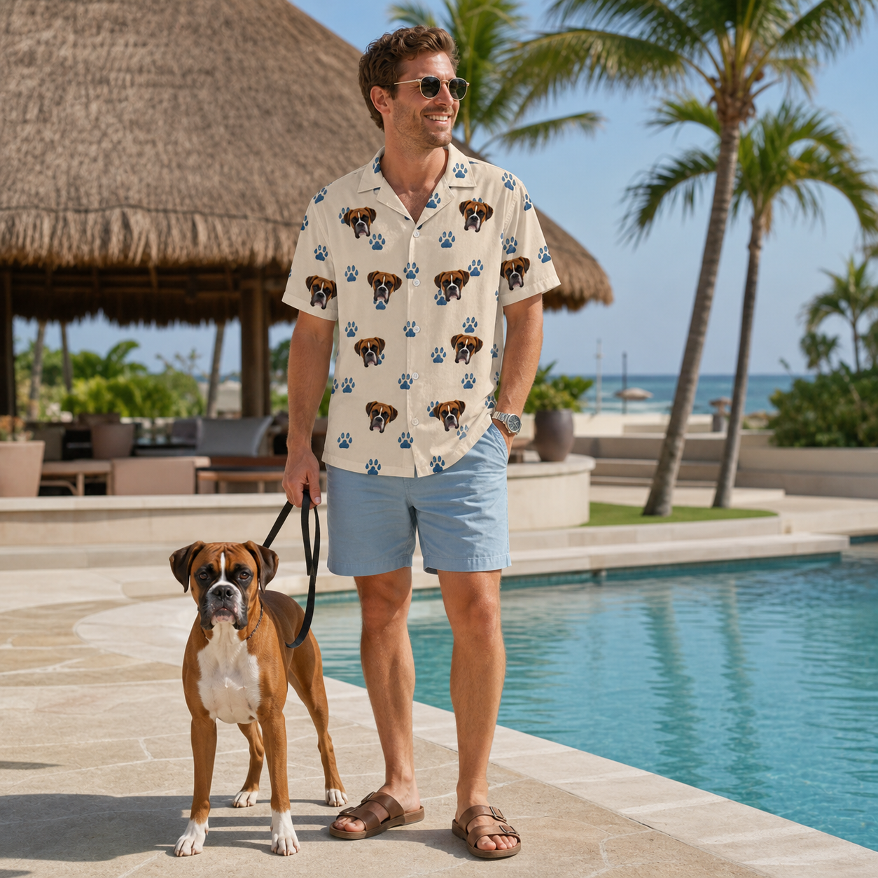 Full-length photo with the pet printed all over this Men's Puppy Prints Custom Dog Face Hawaiian Shirt