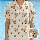 Woman wearing Women's Puppy Prints Custom Dog Face Hawaiian Shirt — custom faces printed all-over