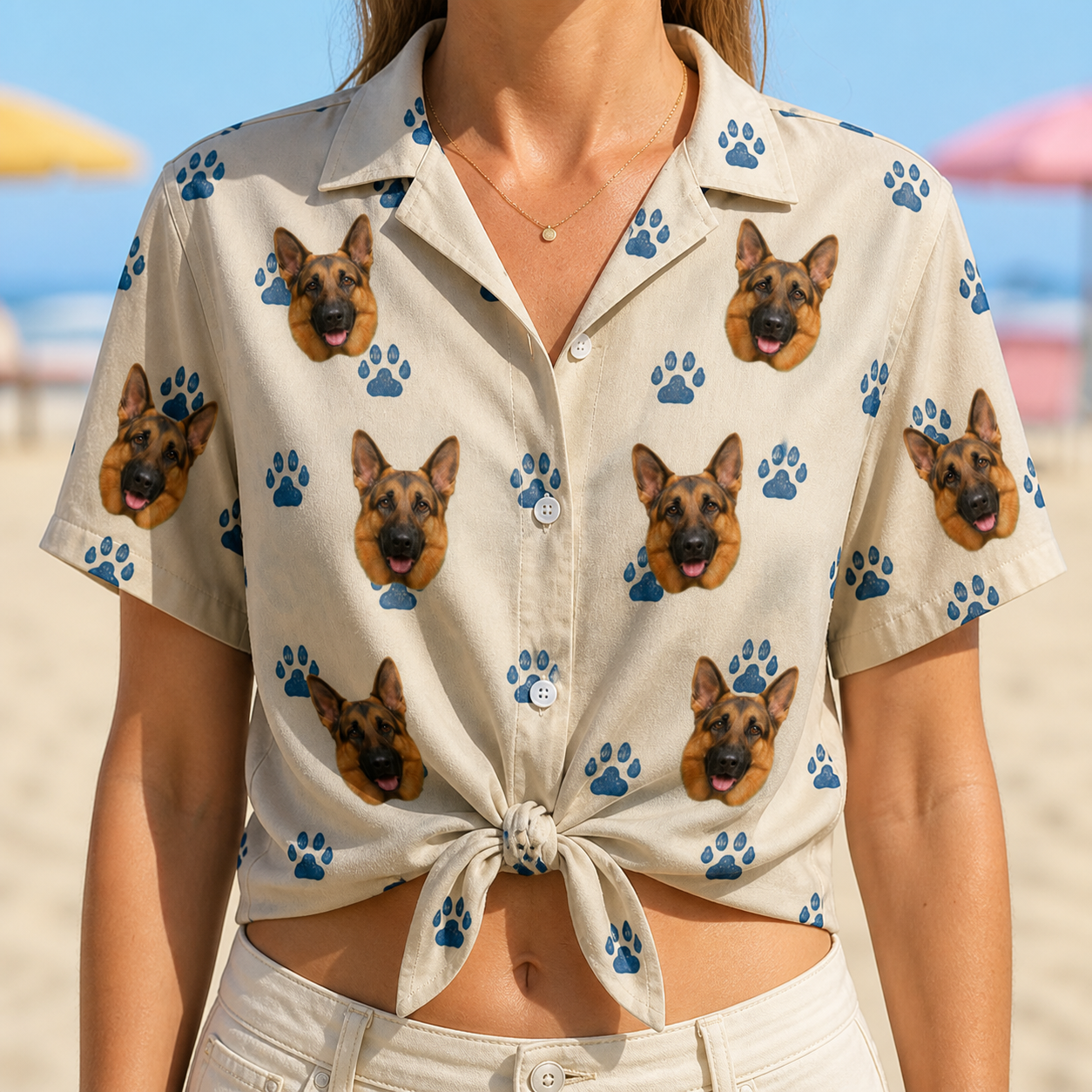 Woman wearing Women's Puppy Prints Custom Dog Face Hawaiian Shirt tied at the waist