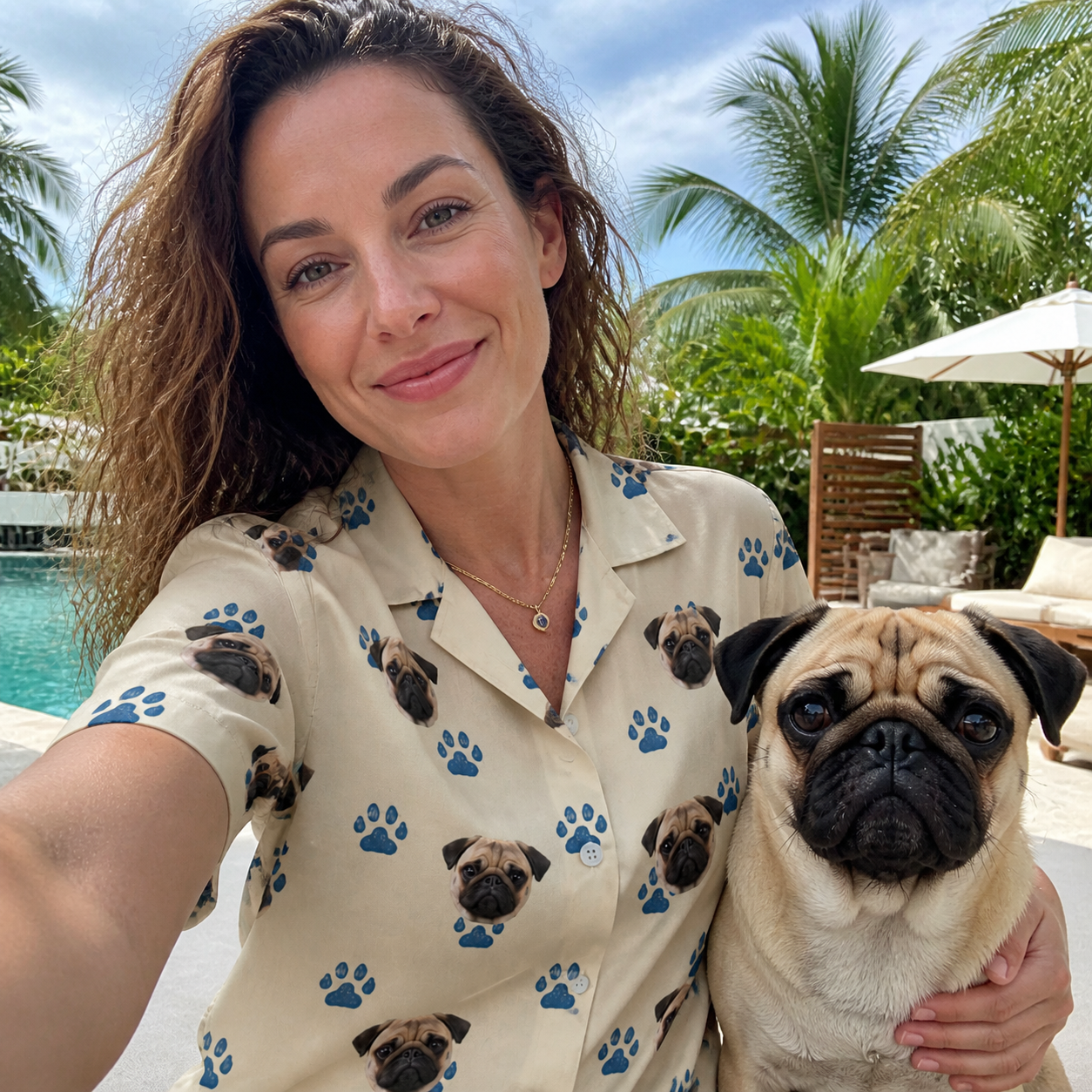 Selfie with the pet whose face is printed all over this Women's Puppy Prints Custom Dog Face Hawaiian Shirt