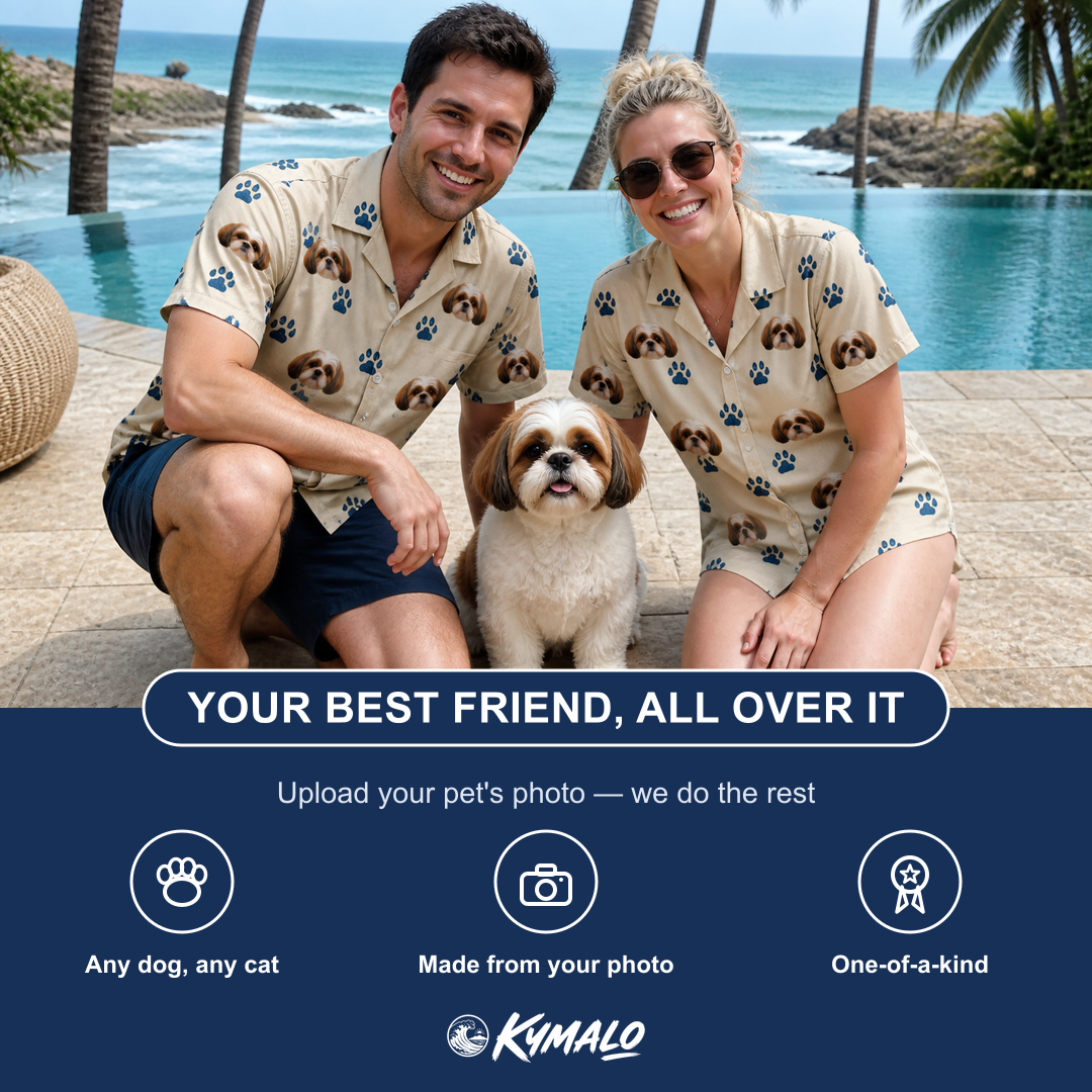Friends in matching Women's Puppy Prints Custom Dog Face Hawaiian Shirt — a group gift photo