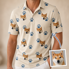 Man wearing Men's Puppy Prints Custom Dog Face Polo Shirt — custom faces printed all-over