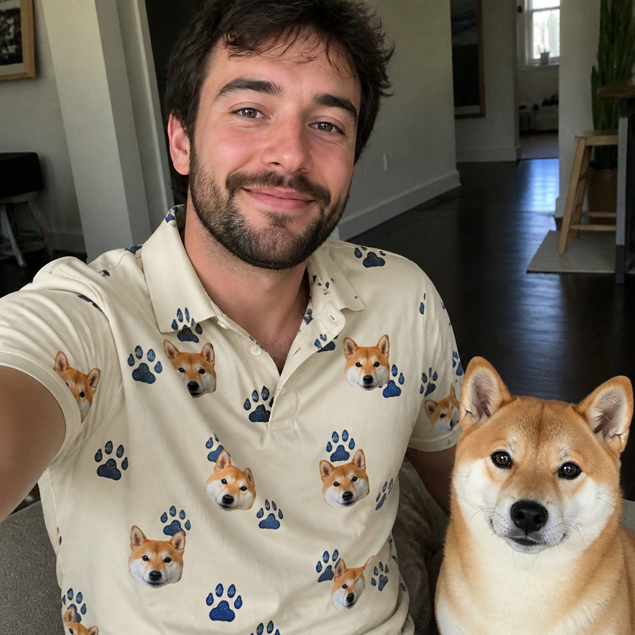 Selfie with the pet whose face is printed all over this Men's Puppy Prints Custom Dog Face Polo Shirt