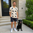Full-length photo with the pet printed all over this Men's Puppy Prints Custom Dog Face Polo Shirt