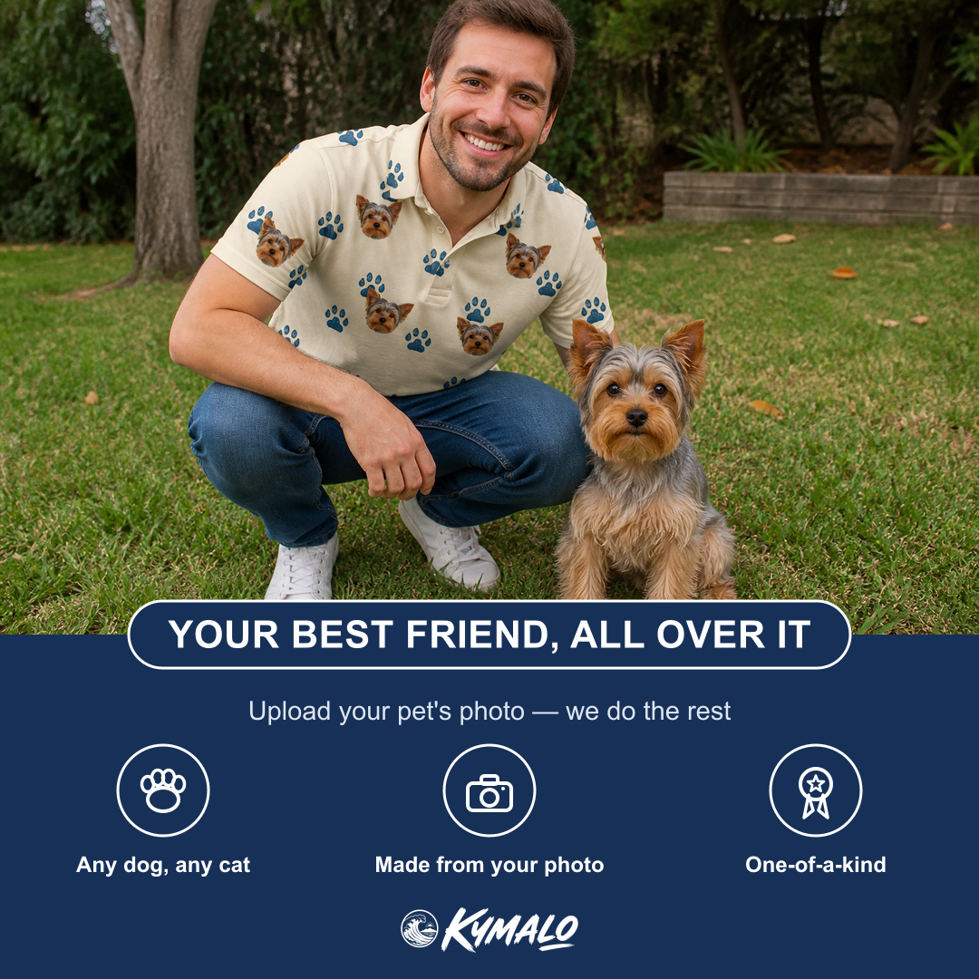 Friends in matching Men's Puppy Prints Custom Dog Face Polo Shirt — a group gift photo