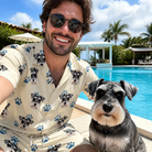 Selfie with the pet whose face is printed all over this Men's Puppy Prints Custom Dog Face Shirt & Shorts Set