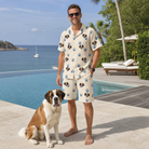 Full-length photo with the pet printed all over this Men's Puppy Prints Custom Dog Face Shirt & Shorts Set