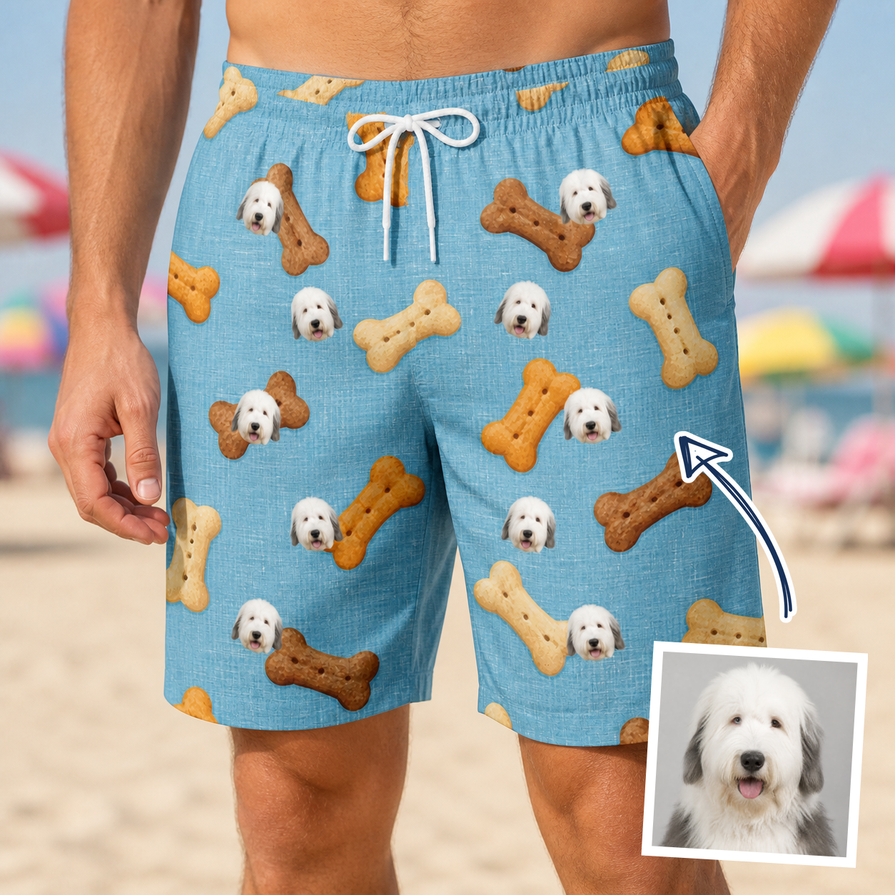 Man wearing Men's Mutt Munchies Custom Dog Face Beach Shorts — custom faces printed all-over