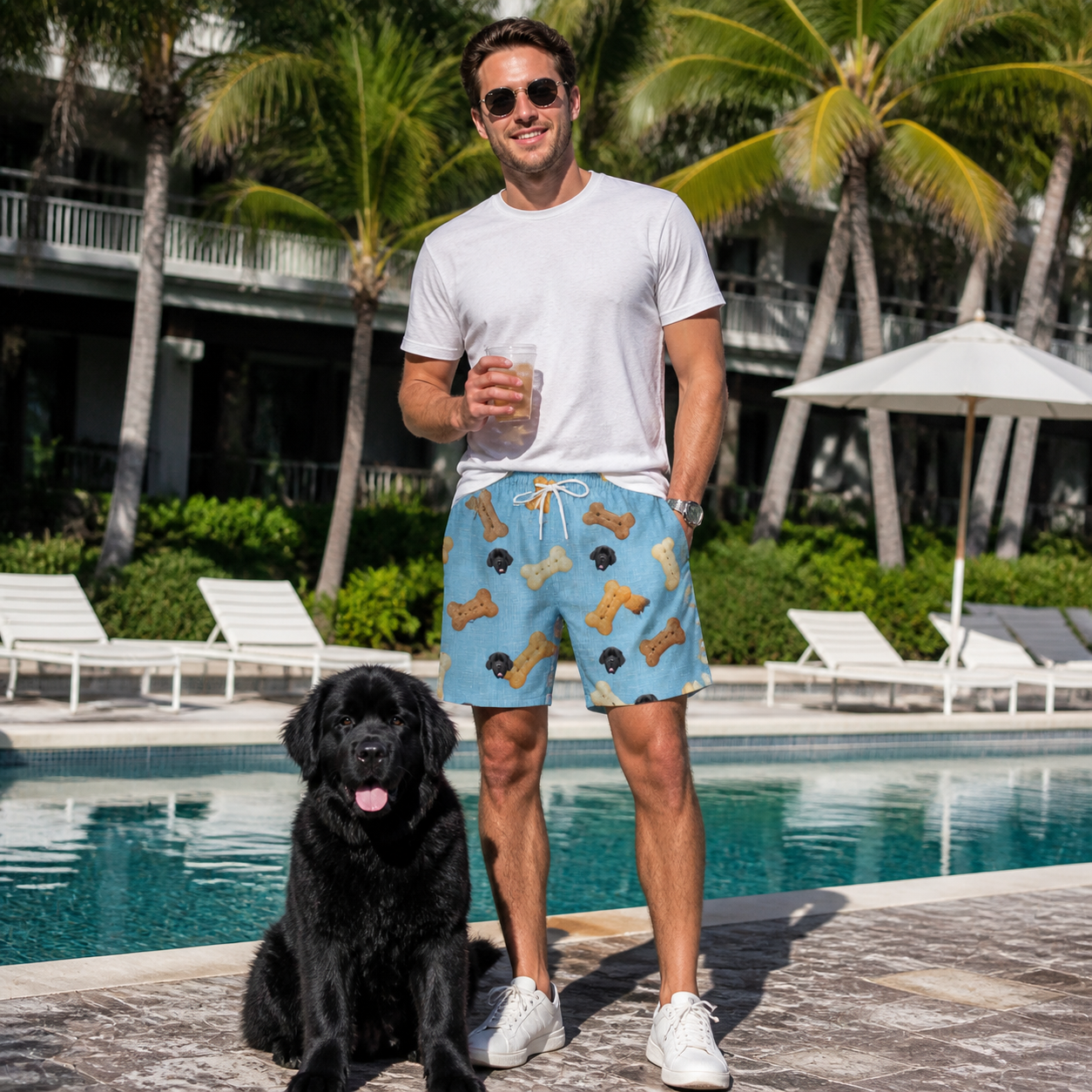Full-length photo with the pet printed all over this Men's Mutt Munchies Custom Dog Face Beach Shorts