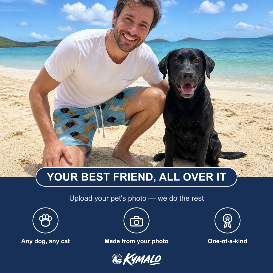 Friends in matching Men's Mutt Munchies Custom Dog Face Beach Shorts — a group gift photo