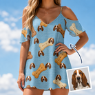 Woman wearing Women's Mutt Munchies Custom Dog Face Off-Shoulder Dress — custom faces printed all-over