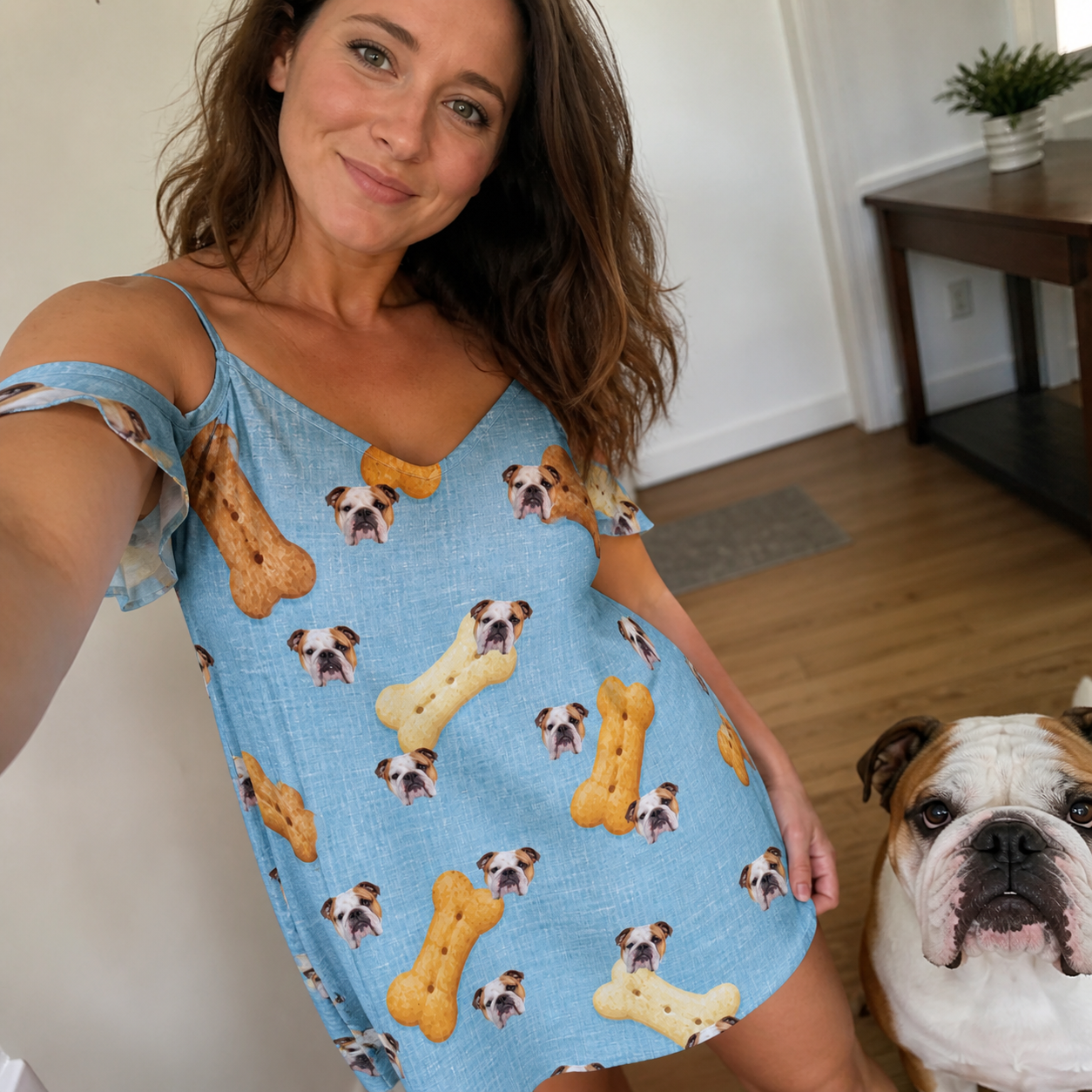Selfie with the pet whose face is printed all over this Women's Mutt Munchies Custom Dog Face Off-Shoulder Dress