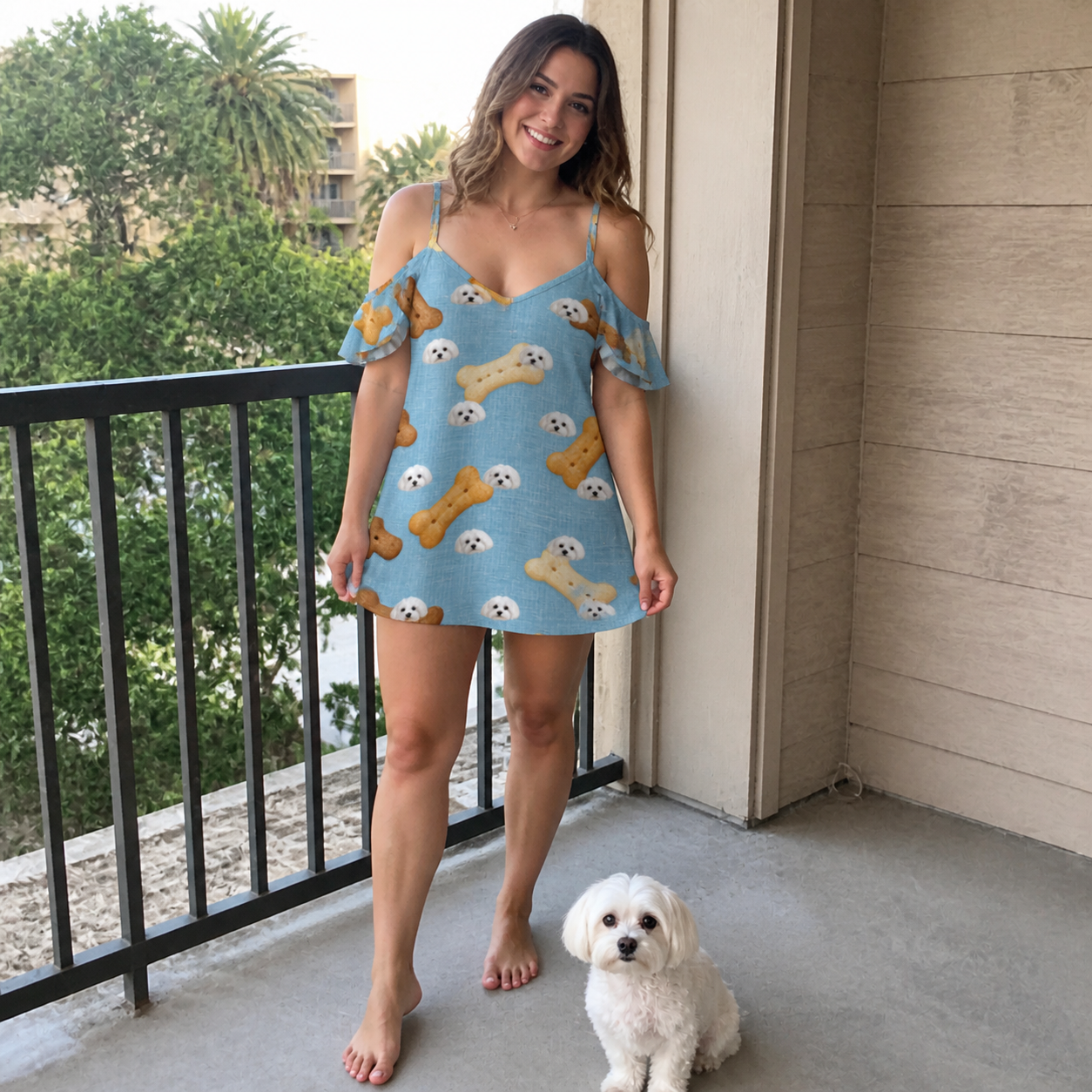 Full-length photo with the pet printed all over this Women's Mutt Munchies Custom Dog Face Off-Shoulder Dress