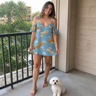 Full-length photo with the pet printed all over this Women's Mutt Munchies Custom Dog Face Off-Shoulder Dress