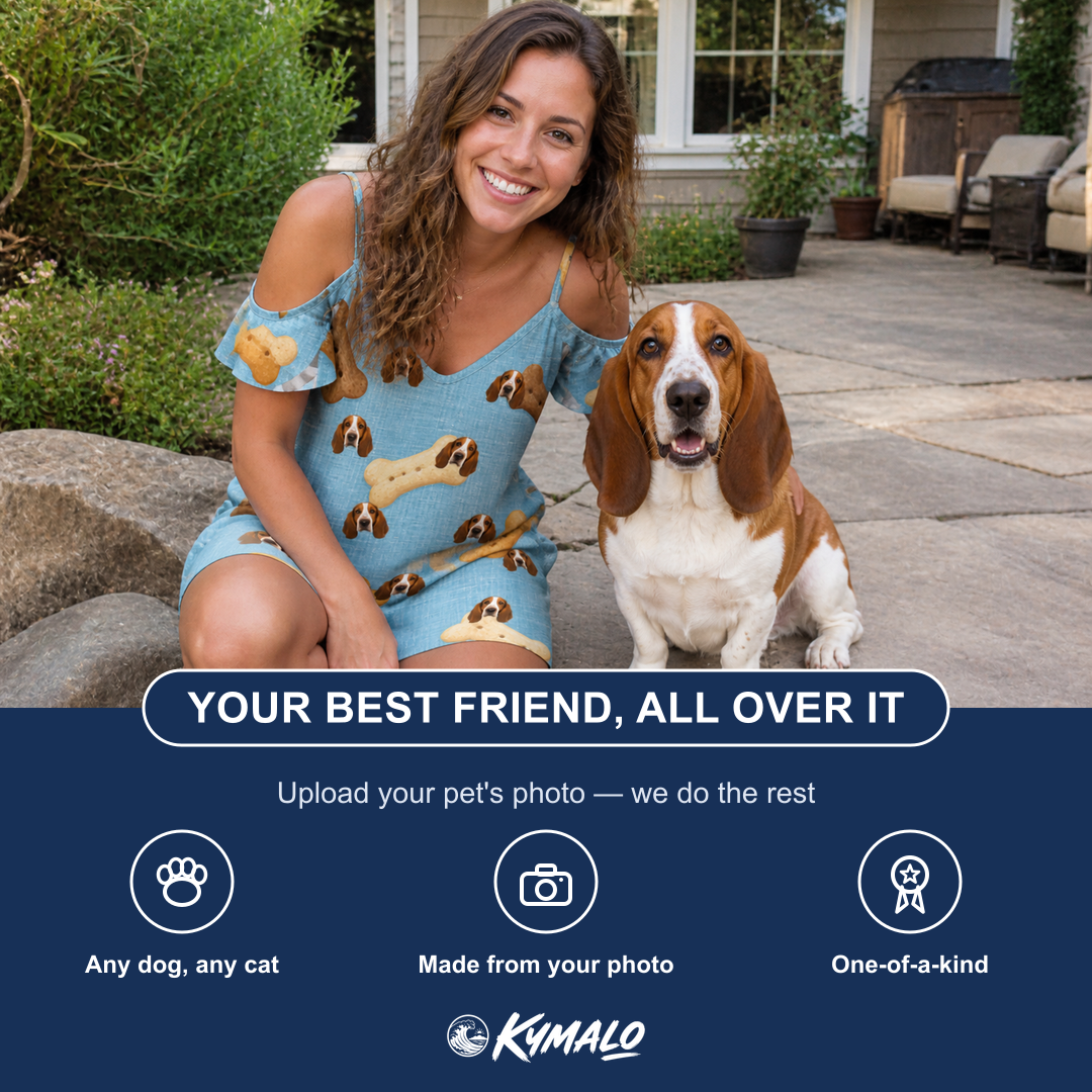 Friends in matching Women's Mutt Munchies Custom Dog Face Off-Shoulder Dress — a group gift photo