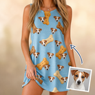 Woman wearing Women's Mutt Munchies Custom Dog Face Tank Dress — custom faces printed all-over